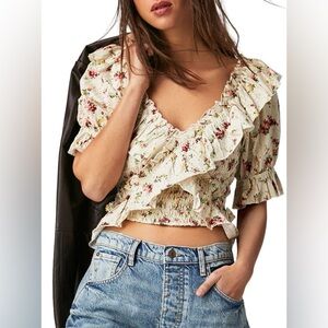 Free People Pink Floral Tea Combo Favorite Girl Smocked Eyelet Ruffle Top Small